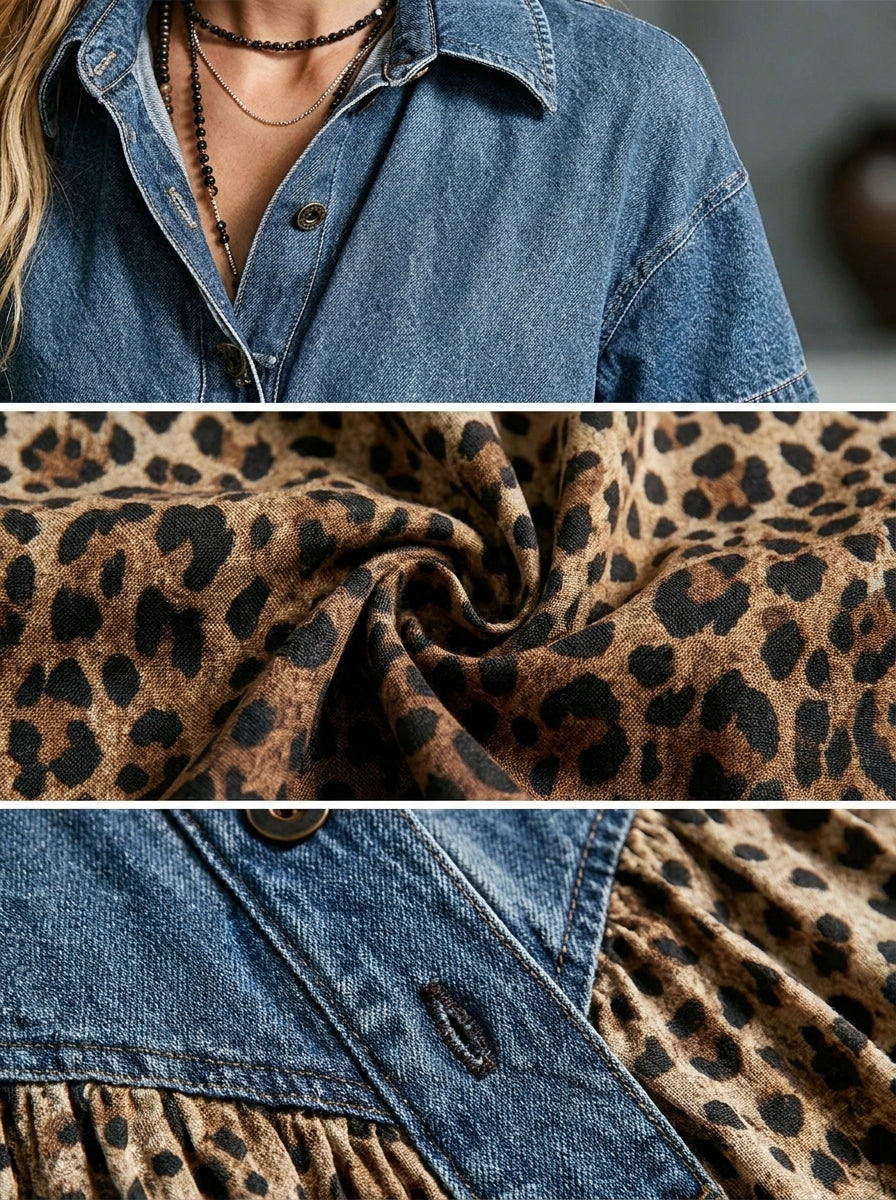 Penny | Denim Top Leopard Print Midi Dress