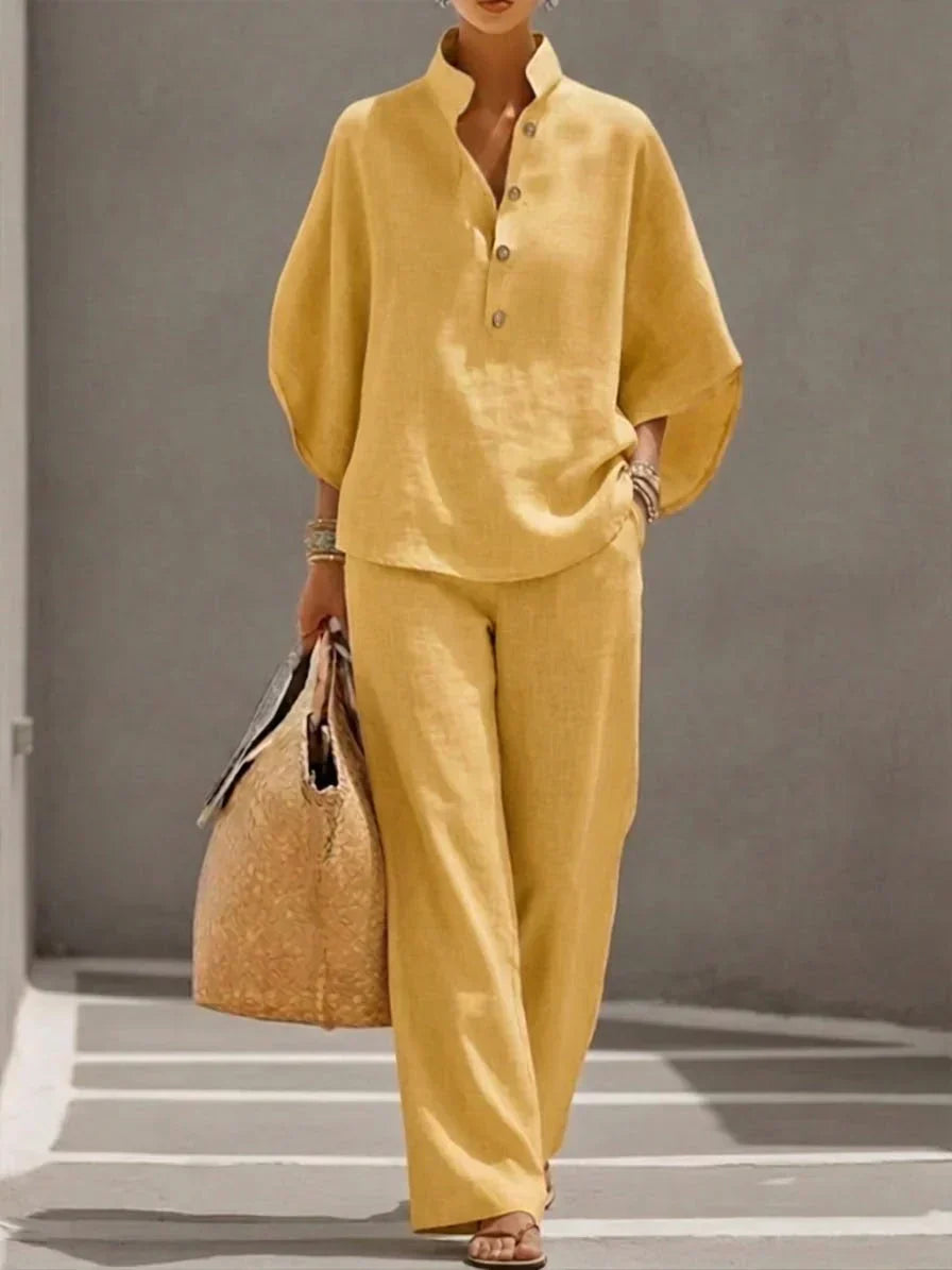 Maribel™ | Elegant Linen Batwing Sleeve & Wide-Leg Trouser Set