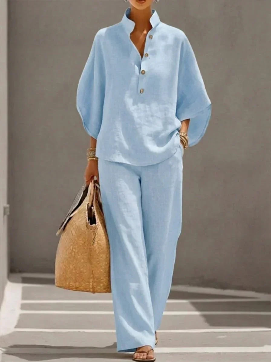 Maribel™ | Elegant Linen Batwing Sleeve & Wide-Leg Trouser Set