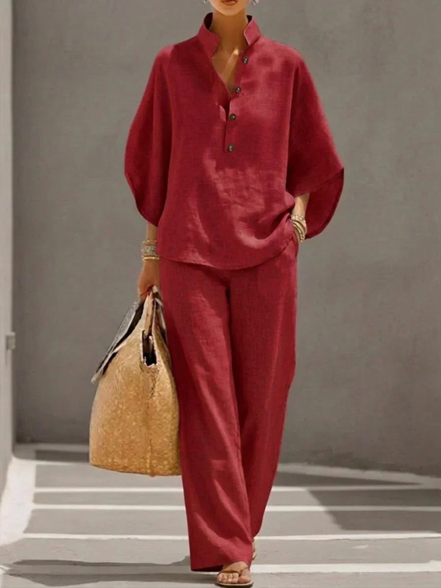 Maribel™ | Elegant Linen Batwing Sleeve & Wide-Leg Trouser Set
