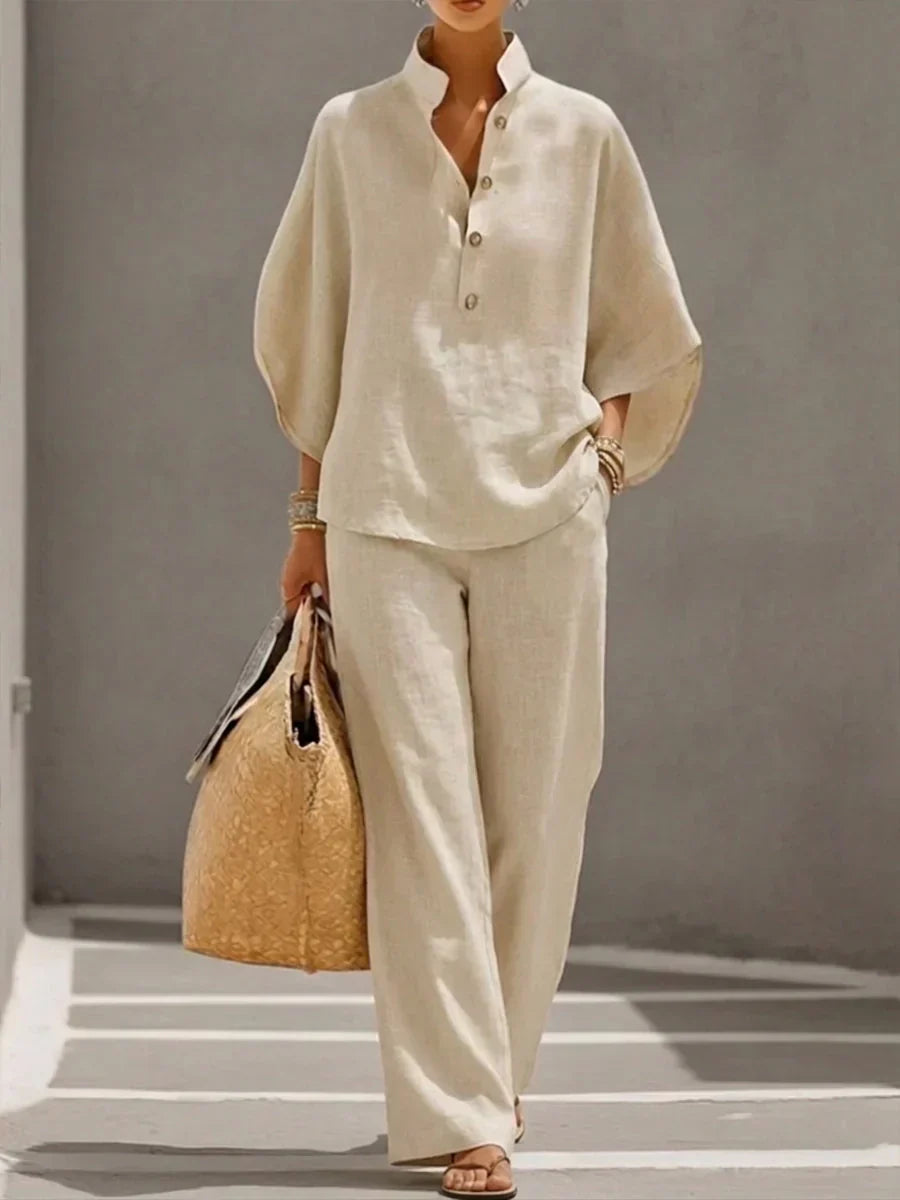 Maribel™ | Elegant Linen Batwing Sleeve & Wide-Leg Trouser Set