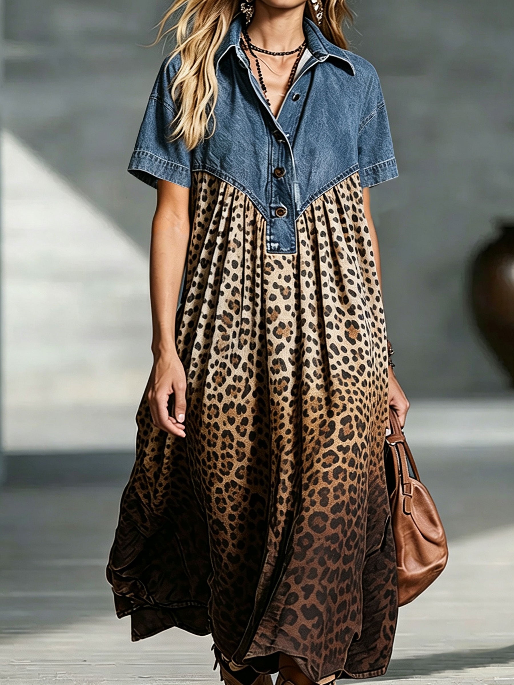 Penny | Denim Top Leopard Print Midi Dress