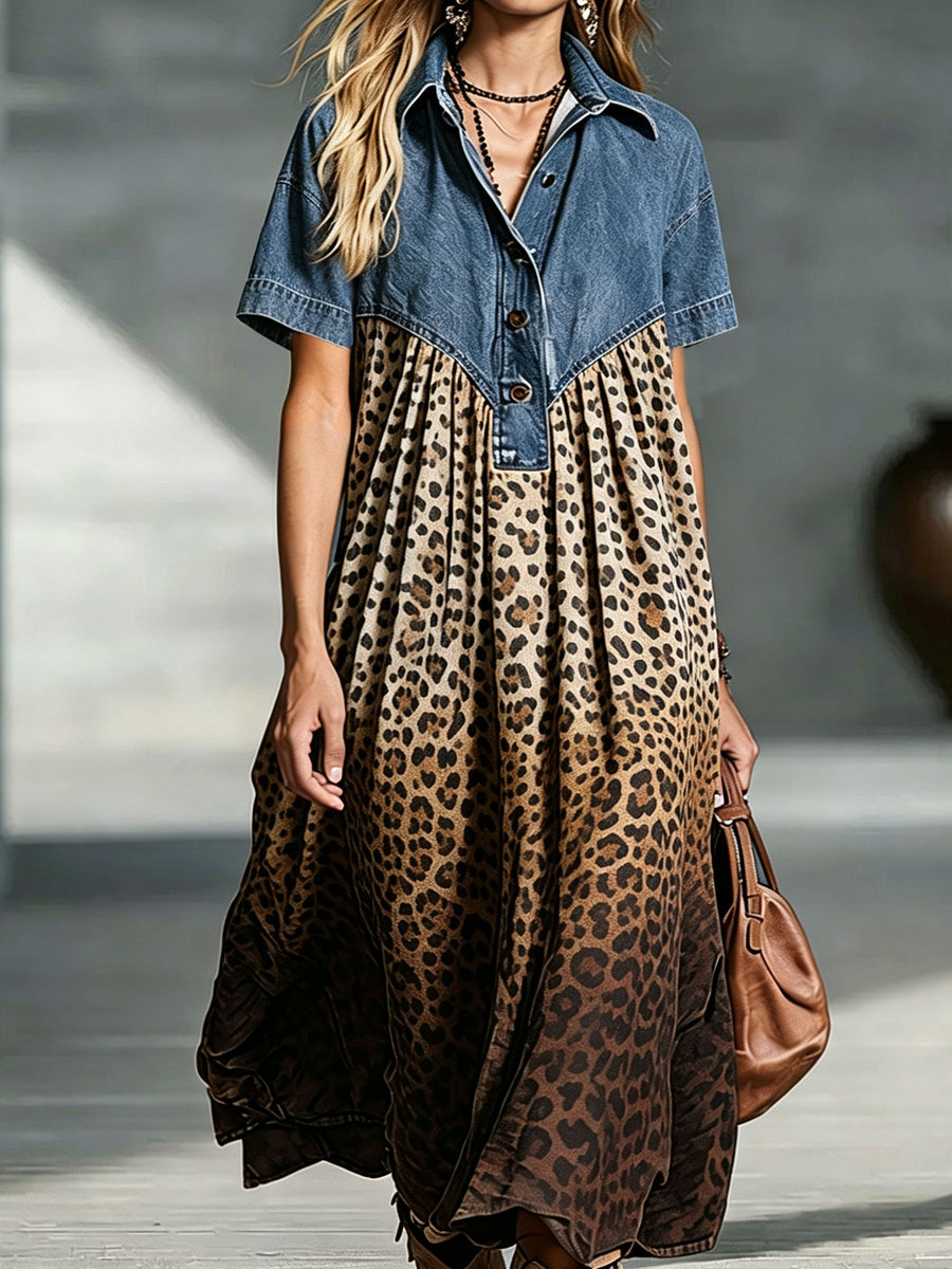 Penny | Denim Top Leopard Print Midi Dress