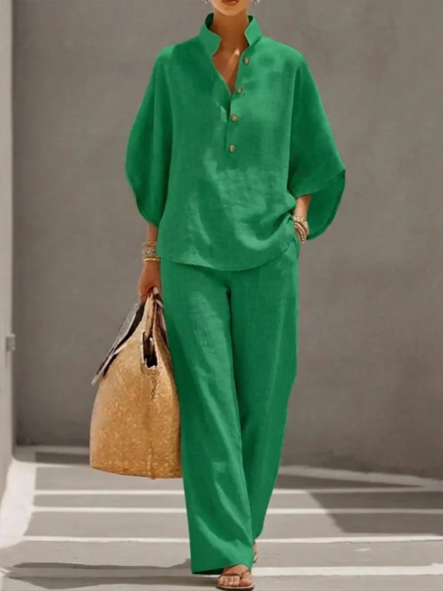 Maribel™ | Elegant Linen Batwing Sleeve & Wide-Leg Trouser Set