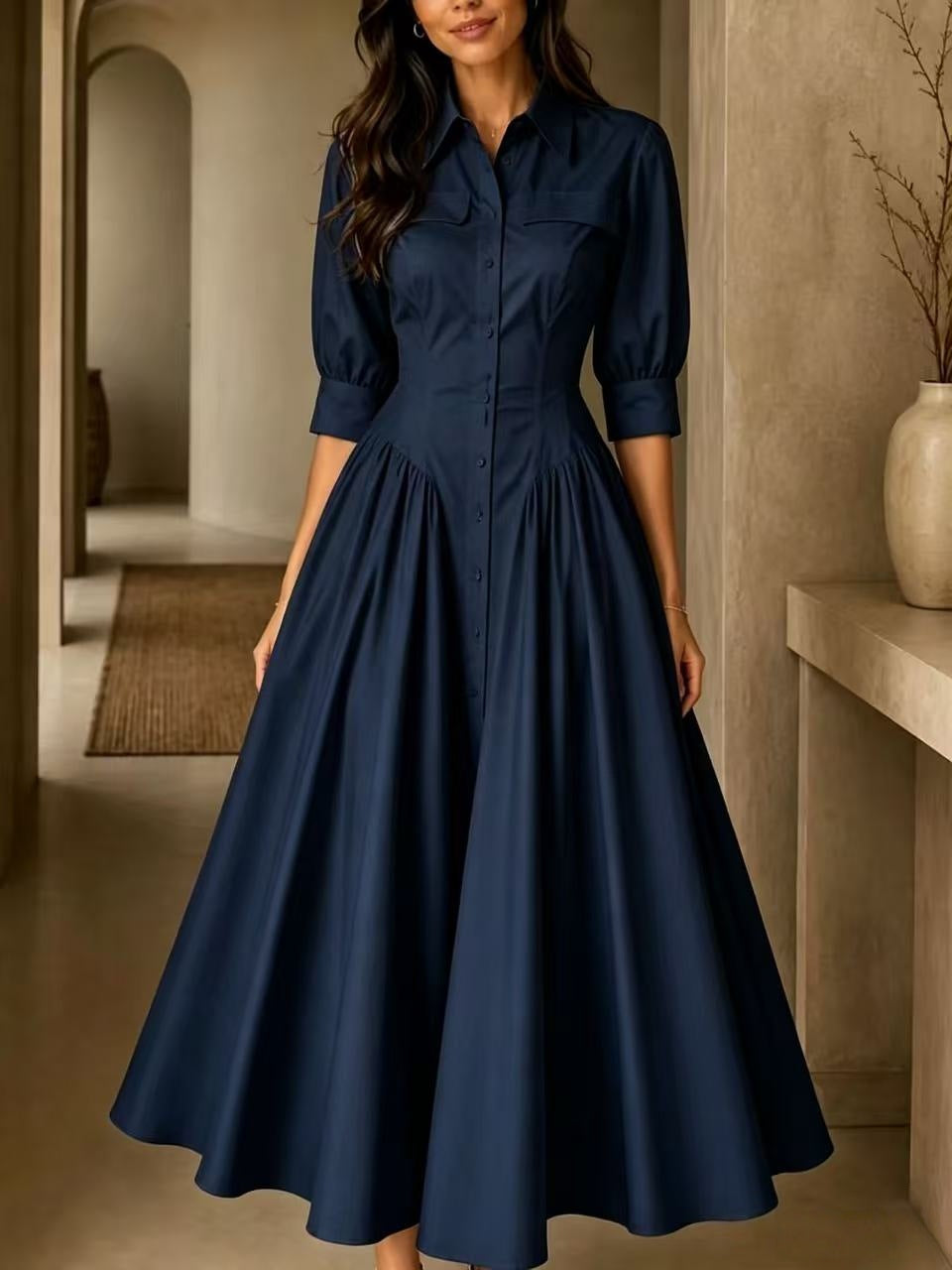 Serena | Button-Front Shirt Midi Dress