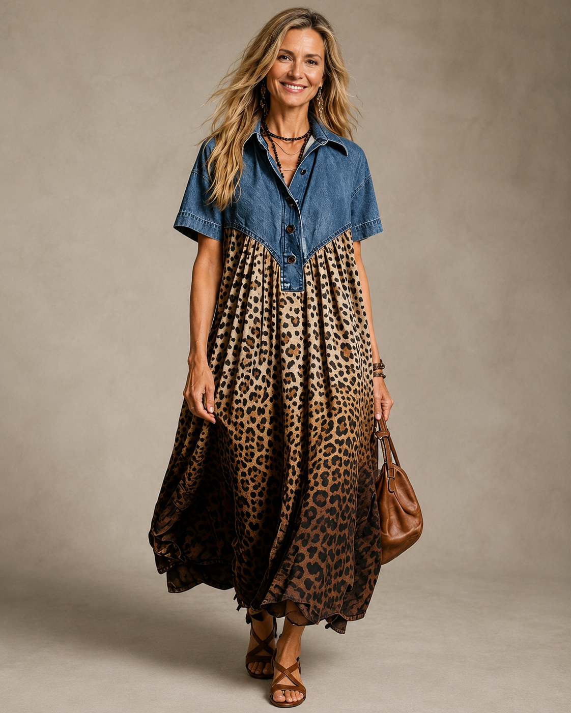 Penny | Denim Top Leopard Print Midi Dress